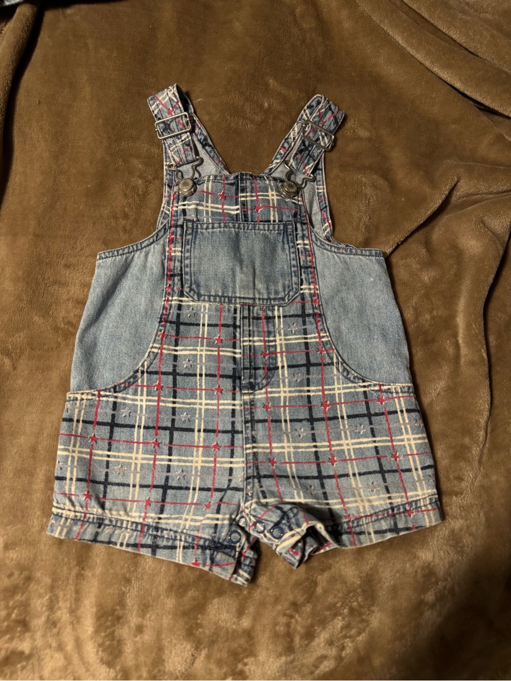 Kids Plaid Denim Overall Shorts - Blue
